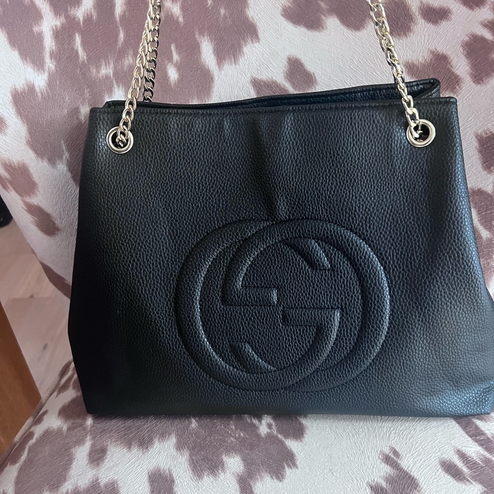 Black Pebbled Leather Shoulder Bag with Gold Chain Straps